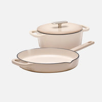 Set van geëmailleerde gietijzeren koekenpan Ø 26 cm en pan Ø 20 cm (2 l), crème, 3-delig